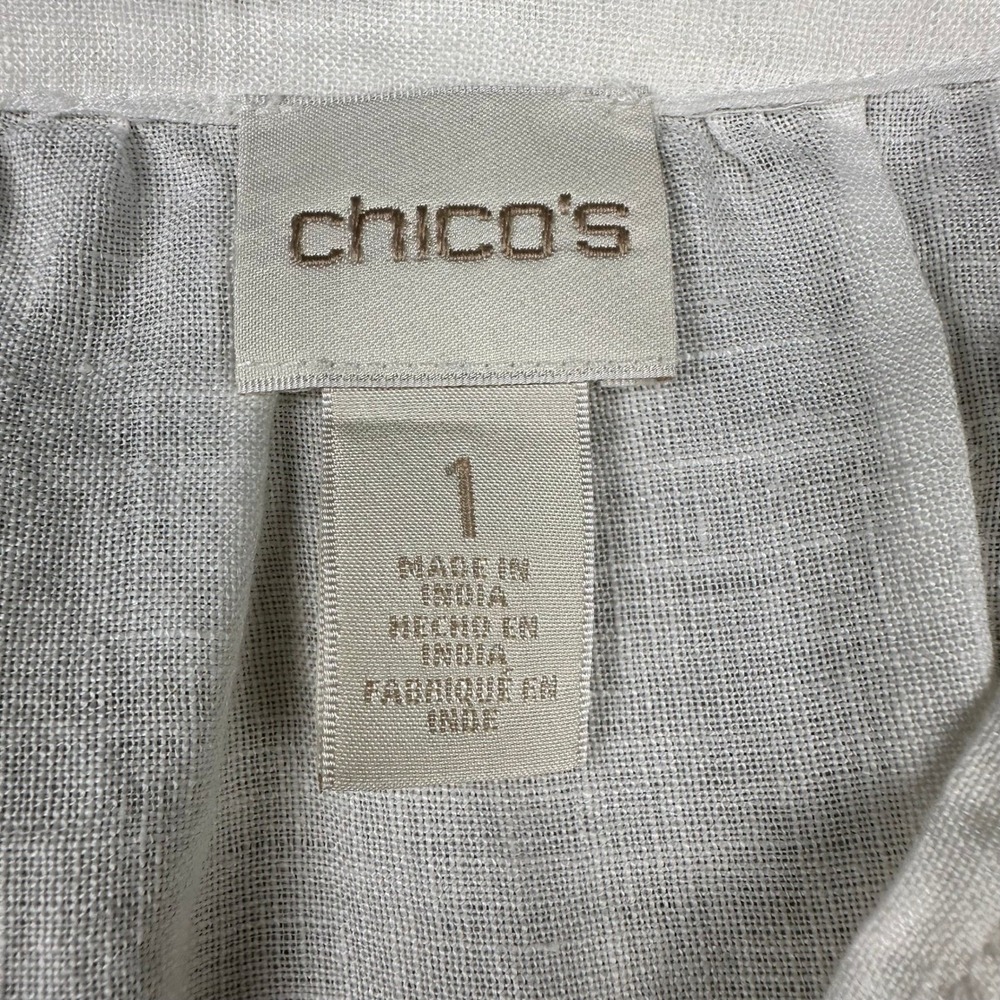 Gorgeous Chicos White 100% Linen Eyelet scalloped Bell Sleeve Tunic Top Sz 1 Med - Picture 8 of 16
